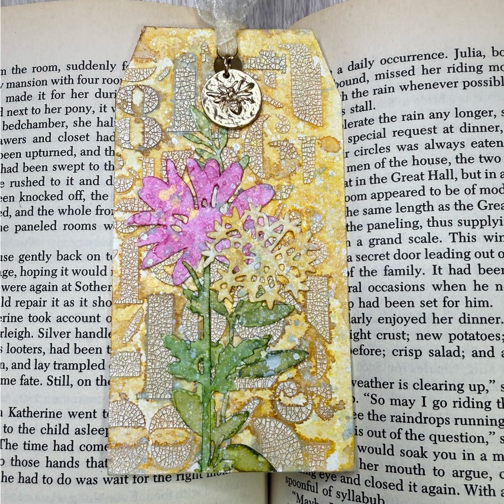 Handcrafted Bookmark - Crackle Background w/Pink & Yellow Flowers - Bee Charm